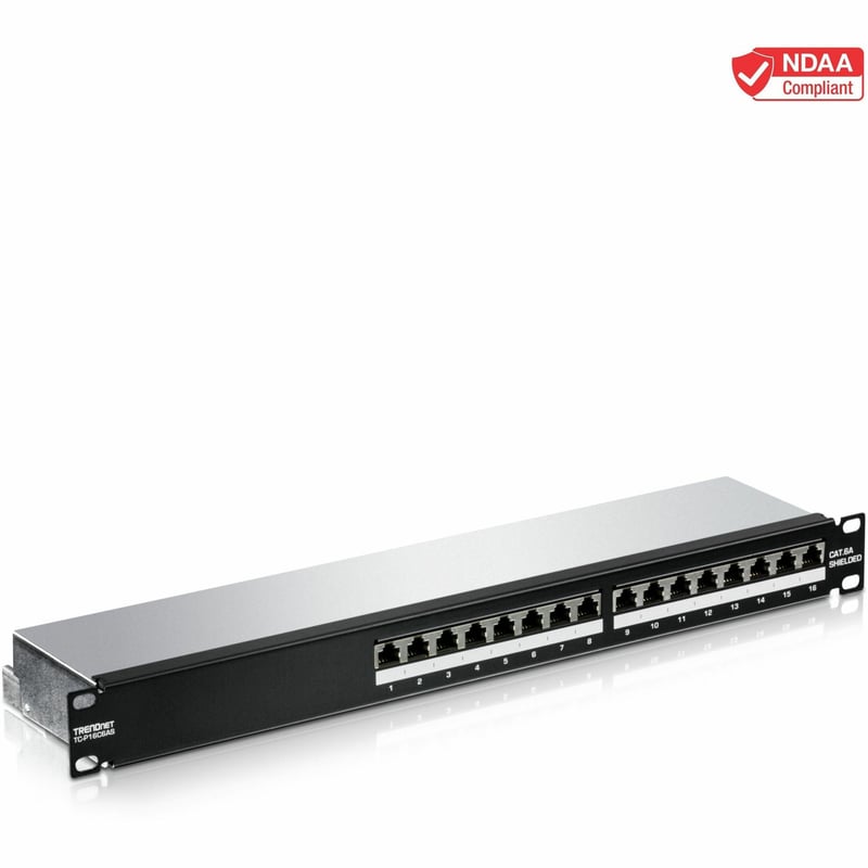 TRENDnet 16-Port Cat6A Shielded Patch Panel, 1U 19" Metal Housing, 10G Ready, Cat5e,Cat6,Cat6A Compatible, Cable Management, Color-Coded Labeling for T568A and T568B Wiring, Black, TC-P16C6AS - Thumbnail 1