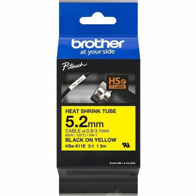 Brother HSe-611E Heat Shrink Tube Tape Cassette - Black on Yellow, 5.2mm wide - Thumbnail 1