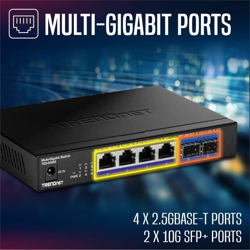 TRENDnet 6-Port Unmanaged Multi-Gig Switch, 4 x 2.5GBASE-T Ports, 2 x 10G SFP+ Ports Fanless, Compact Desktop Design, Metal Housing, Network Ethernet Switch, Lifetime Protection, Black, TEG-S562 - Thumbnail 3
