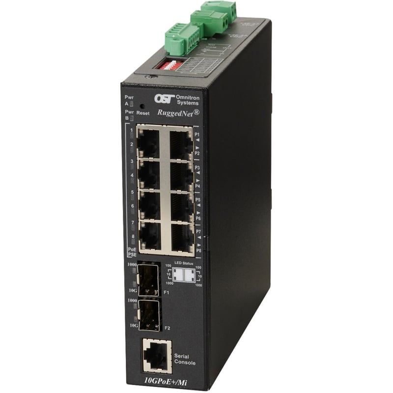 Omnitron Systems RuggedNet 10GPoE+/Mi PoE+, 2xSFP/SFP+, + 8xRJ-45, 2xDC Powered Industrial Temp