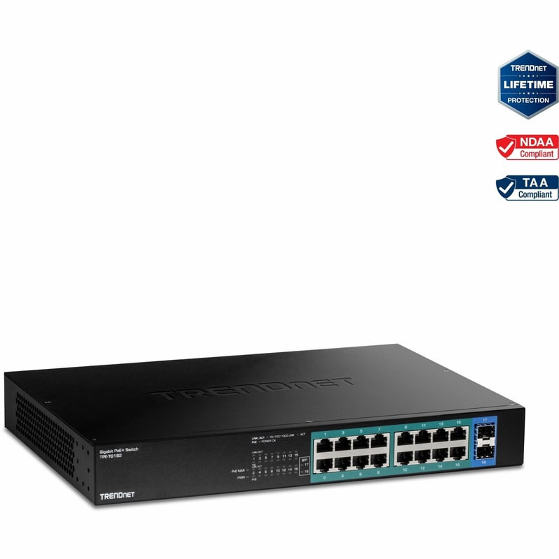TRENDnet 18-Port Gigabit PoE+ Switch, 16 x 30W PoE+ Ports, 2 Gigabit SFP Slots, 240W PoE Budget, 36Gbps Switching Capacity, 1U 19" Rack Mountable, Lifetime Protection, Black, TPE-TG182 - Thumbnail 1