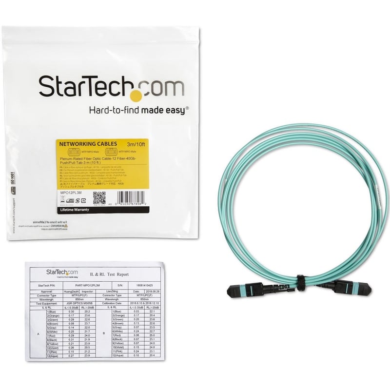 StarTech.com 3m (10ft) MTP(F)/PC OM3 Multimode Fiber Optic Cable, 12F Type-A, OFNP, 50/125m LOMMF, 40G Networks - MPO Fiber Patch Cord - Thumbnail 3