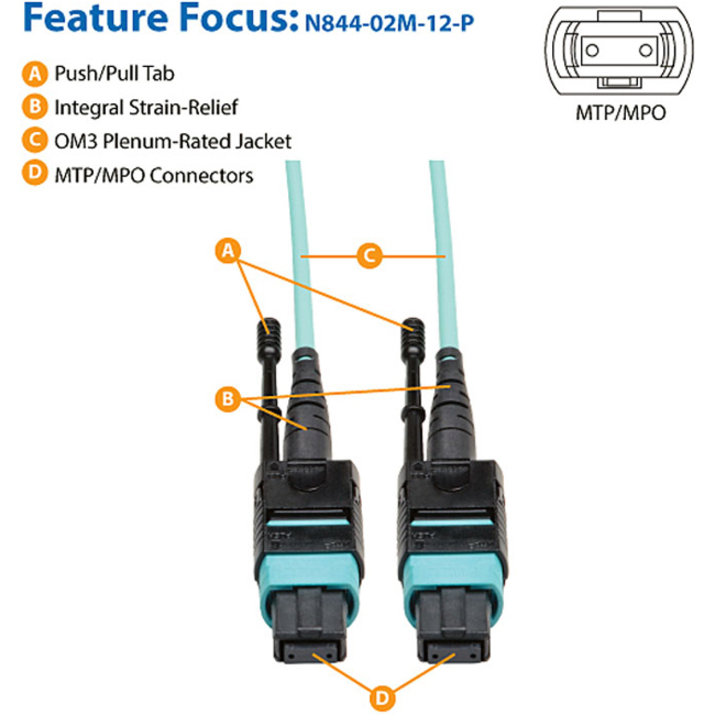 Tripp Lite by Eaton MTP/MPO Patch Cable with Push/Pull Tabs 12 Fiber 40GbE 40GBASE-SR4 OM3 Plenum-Rated - Aqua 2M (6 ft.) - Thumbnail 2