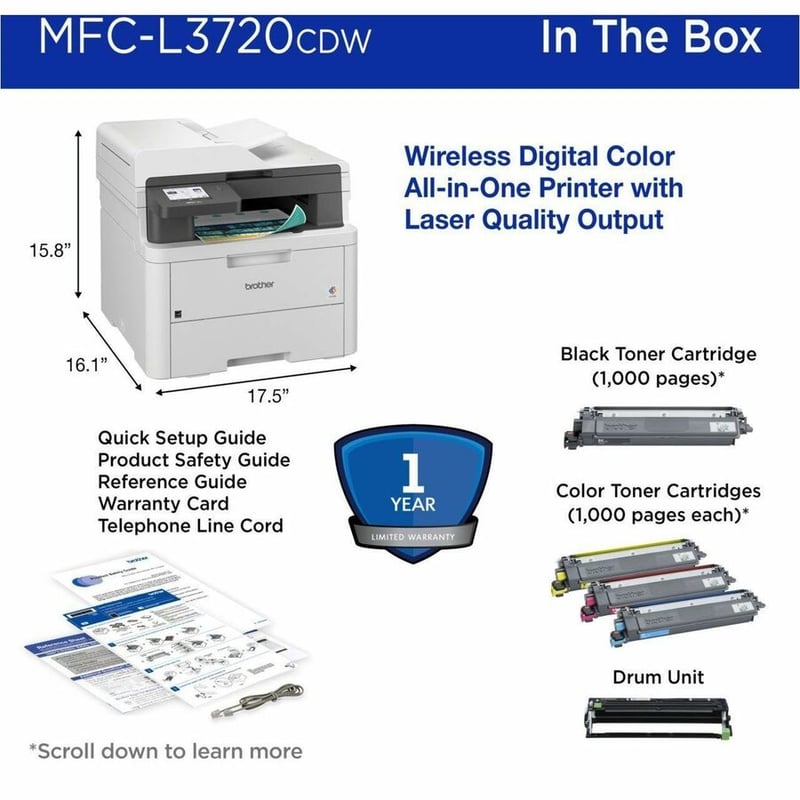 Brother MFC-L3720CDW Wireless Digital Color All-in-One Printer with Laser Quality Output, Copy, Scan and Fax, Duplex and Mobile Printing