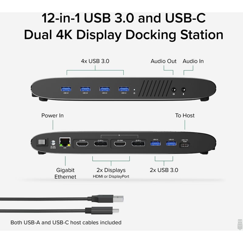 Plugable USB 3.0 Dual 4K Display Horizontal Docking Station with DisplayPort and HDMI for Windows and Mac - Thumbnail 2