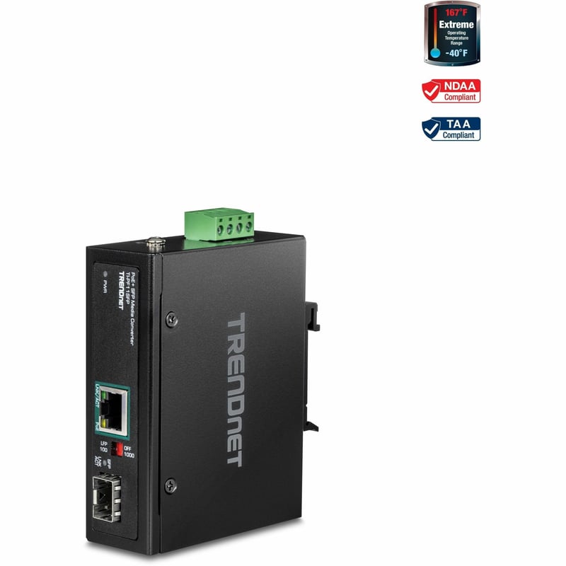 TRENDnet Industrial SFP to Gigabit PoE+ Media Converter, IP30 Rated Housing, Operating temperature range -40- 75 C to (-40 - 167 F), TI-PF11SFP, Black - Thumbnail 1