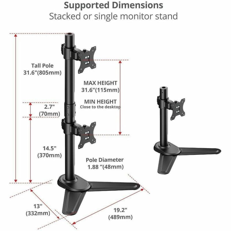 DUAL 38 INCH STACK MONITOR POLE FREESTAND 26.5 LBSBLACK - Thumbnail 4