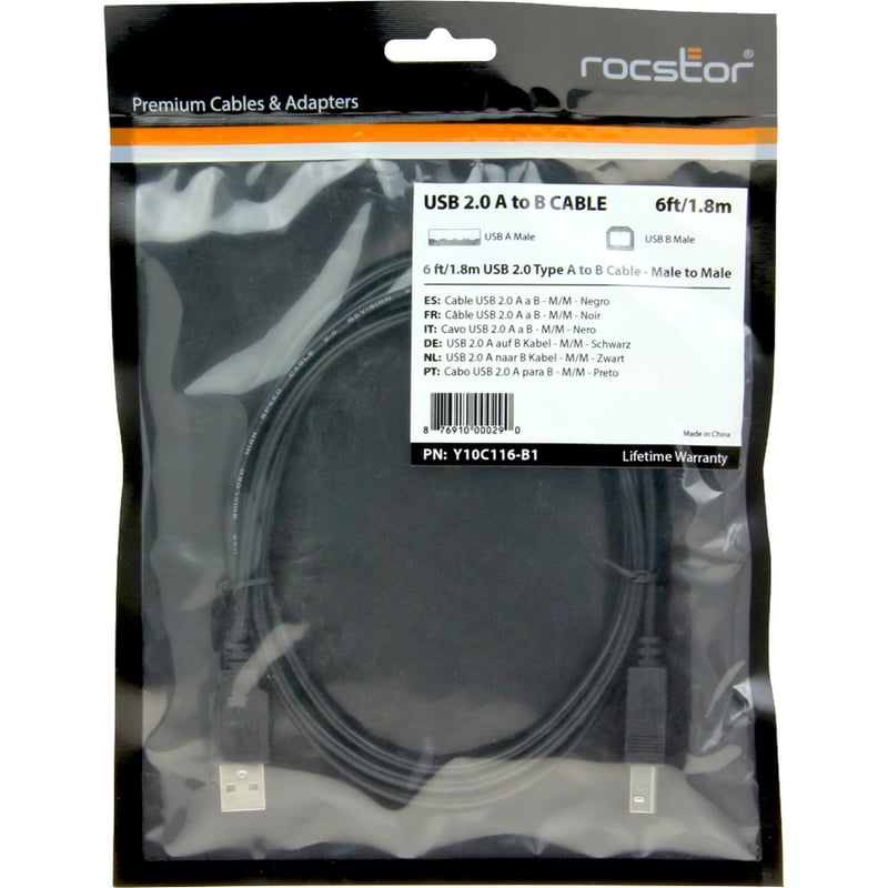 Rocstor Premium High Speed USB 2.0 - 6 ft USB cable - 4 pin USB Type A (M) - 4 pin USB Type B (M) - 1.8 m (USB / Hi-Speed USB ) - Type A Male - Type B Male - For printers, scanners or external USB hard drives - 6ft CABLE M/M - Thumbnail 3