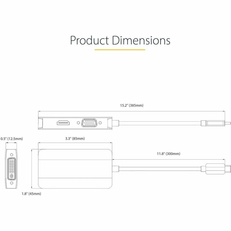 StarTech.com USB C Video Adapter, USB C to HDMI DVI VGA Adapter, 4K 60Hz, Aluminum, Video Display Adapter, USB Type C Travel Adapter - Thumbnail 3