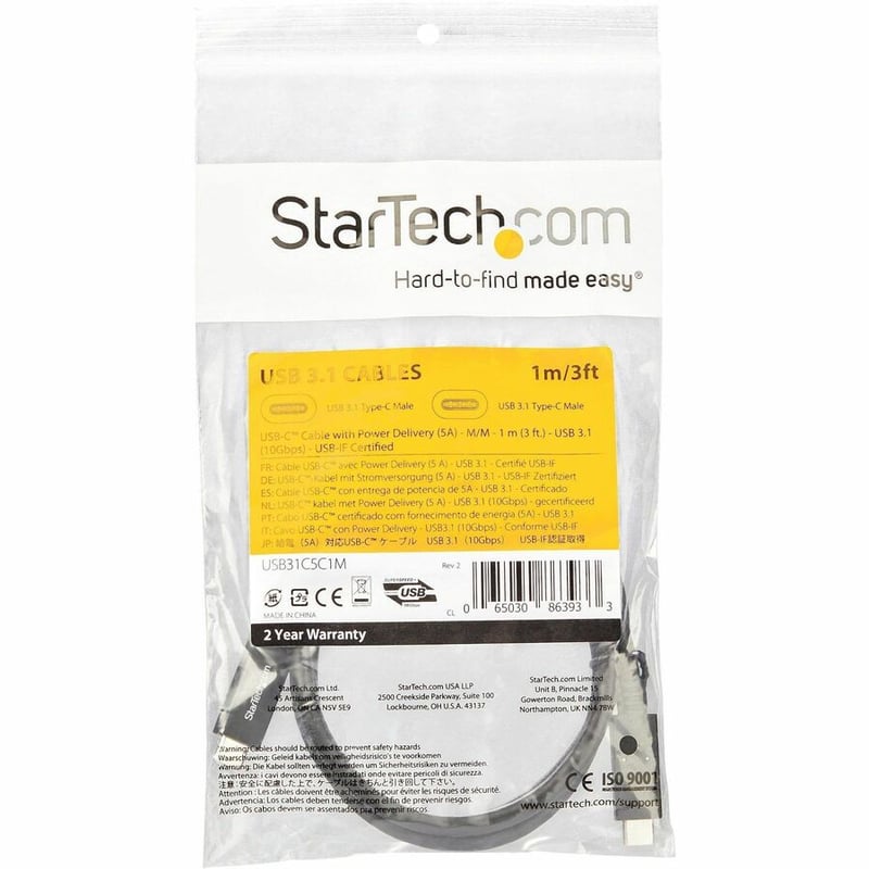 StarTech.com 1m 3 ft USB C Cable with Power Delivery (5A) - M/M - USB 3.1 (10Gbps) - USB-IF Certified - USB Type C Cable - USB 3.2 Gen 2 - Thumbnail 5