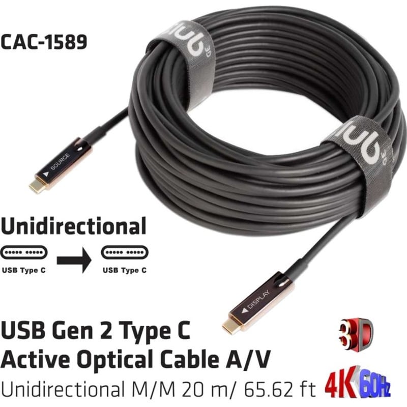 Club 3D USB Gen 2 Type C Active Optical Cable A/V Unidirectional M/M 20 m/ 65.62 ft - Thumbnail 3