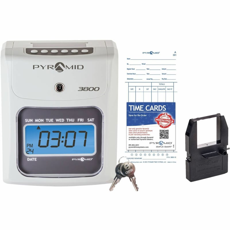 Pyramid Time Systems Model 3800 Auto Totaling Time Clock - Electronic Time Punch Clock for Small Business Bundle - Thumbnail 1