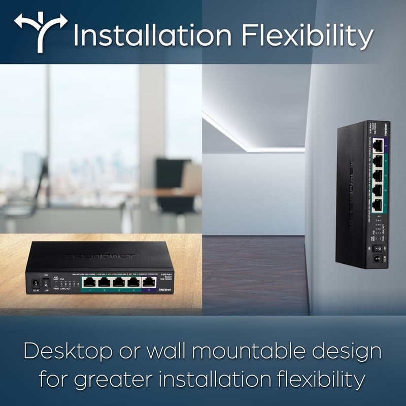 TRENDnet 5-Port Unmanaged 2.5G PoE+ Switch, Fanless, Compact Desktop Design, Metal Housing, 2.5GBASE-T Ports, IEEE 802.3bz, 55W PoE Budget, Life protection, Black, TPE-TG350 - Thumbnail 5