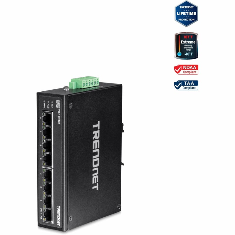 TRENDnet 8-Port Hardened Industrial Unmanaged Gigabit PoE+ DIN-Rail Switch, 200W Full PoE+ Power Budget, 16 Gbps Switching Capacity, IP30 Rated Network Switch, Lifetime Protection, Black, TI-PG80 - Thumbnail 1
