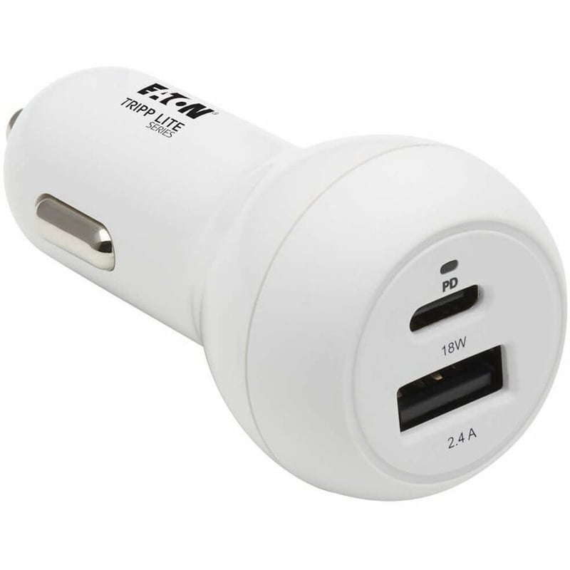 Tripp Lite by Eaton Dual-Port USB Car Charger - 30W PD Charging USB-C (18W) & USB-A (12W) USB-C to Lightning Cable White - Thumbnail 1