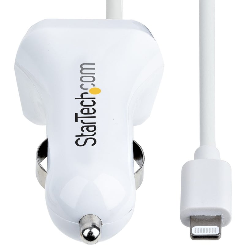 StarTech.com Lightning Car Charger with Coiled Cable, 1m Built-in Cable, 12W, White, 2 Port USB Car Charger Adapter, In Car iPhone Charger - Thumbnail 3