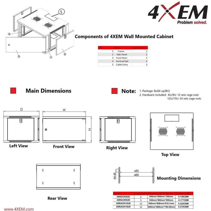 4XEM 9U Wall Mount Server Rack Cabinet 24 Inches Deep - Thumbnail 5
