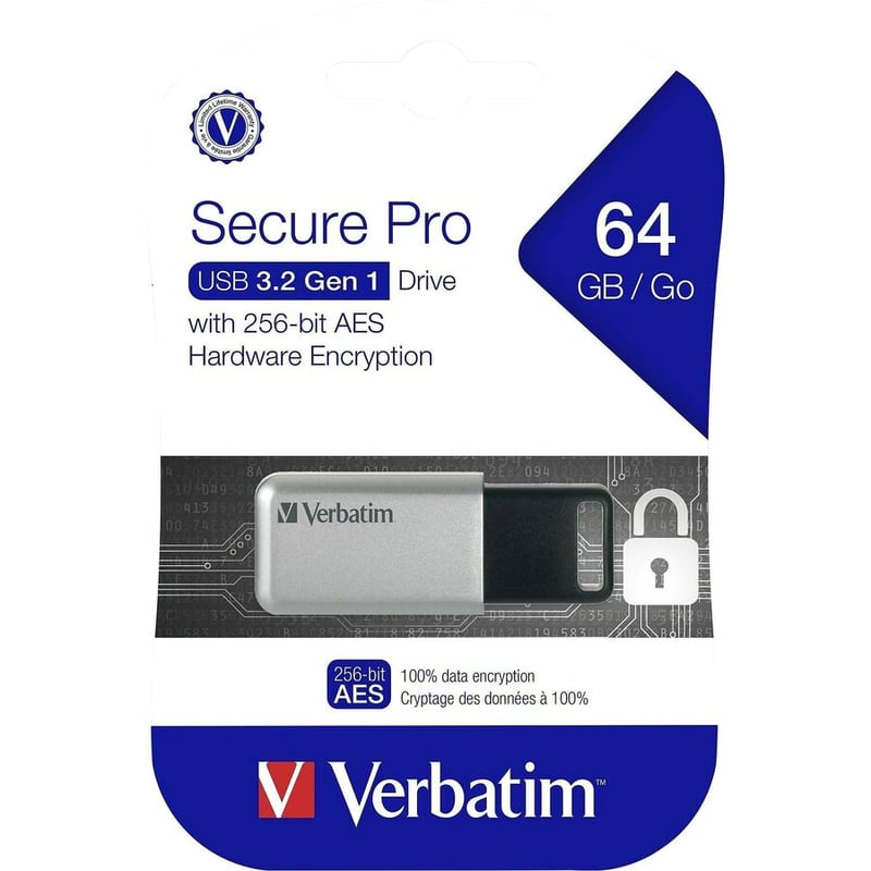 Verbatim 64GB Store 'n' Go Secure Pro USB 3.0 Flash Drive with AES 256 Hardware Encryption - Silver - Thumbnail 3