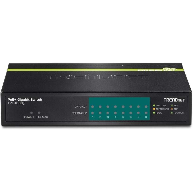 TRENDnet 8-Port Gigabit PoE+ Switch, 8 x Gigabit PoE+ Ports, 123W PoE Power Budget, 16 Gbps Switching Capacity, Desktop Switch, Ethernet Network Switch, Metal, Lifetime Protection, Black, TPE-TG80G - Thumbnail 2