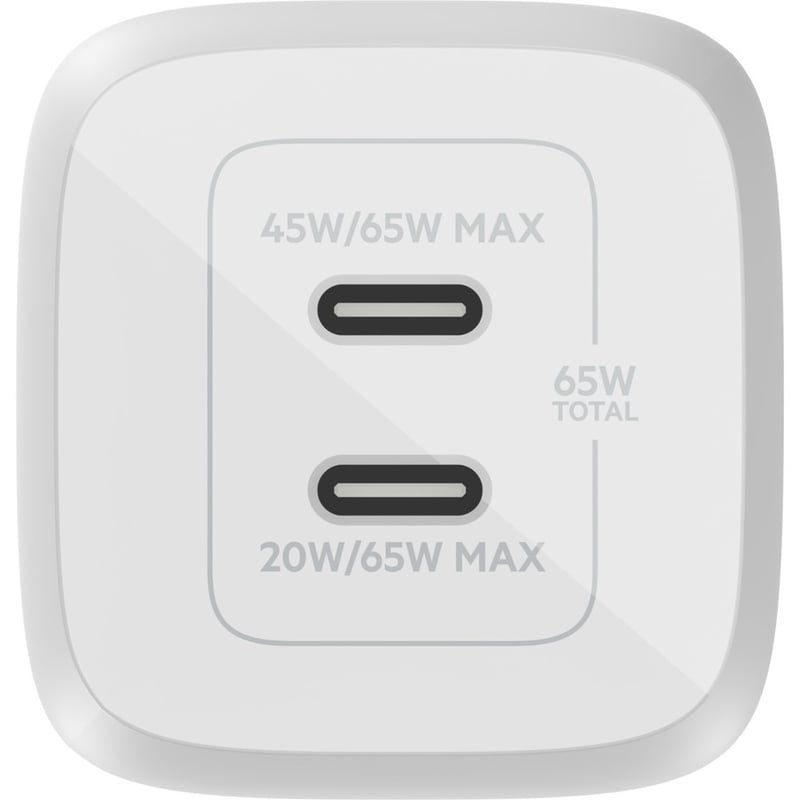 Belkin 65W Portable Dual Port GaN Wall Charger - 2xUSB-C (65W Total) - w/ USB-C to USB-C Cable - Fast Charging - Power Adapter - White - Thumbnail 3