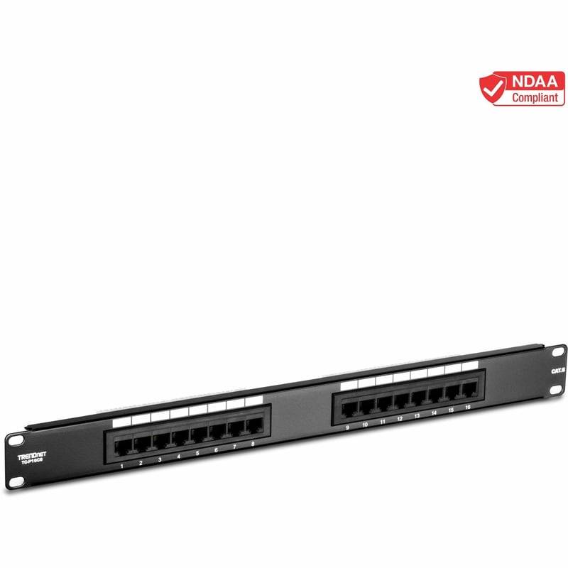 TRENDnet 16-Port Cat6 Unshielded Patch Panel, Wallmount Or Rackmount, 1U 19" , Cat3,Cat4,Cat5,Cat5e,Cat6 Compatible, 250Mhz Connection, Ideal For Copper Gigabit Ethernet Connections, Black, TC-P16C6 - Thumbnail 1