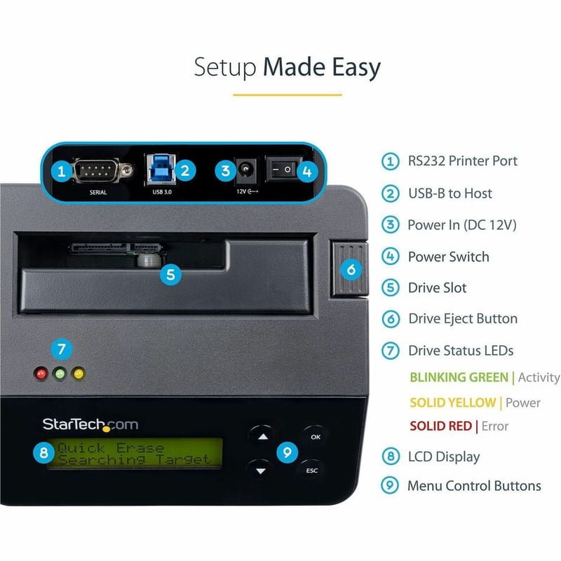 StarTech.com Hard Drive Eraser, Standalone HDD/SSD Sanitizer, 4Kn, Secure Erase Hard Disk Wiper Dock, Hardware Erasing Tool, TAA Compliant - Thumbnail 4