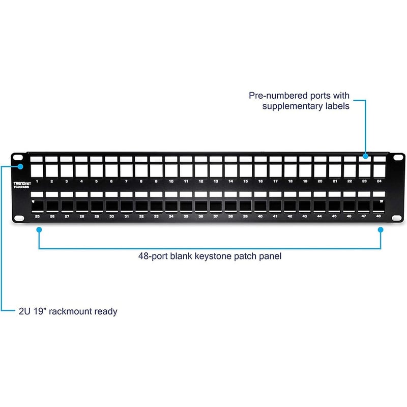 TRENDnet 48-Port Blank Keystone Shielded 2U HD Patch Panel, TC-KP48S, 2U 19" Metal Rackmount Housing, Network Management Panel, Recommended with TC-K06C6A Cat6A Keystone Jacks (sold separately) - Thumbnail 2