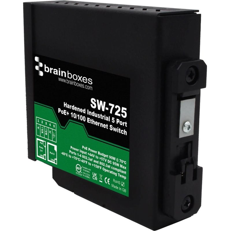 Brainboxes Hardened Industrial 5 Port PoE+ 10/100 Ethernet Switch - Thumbnail 2