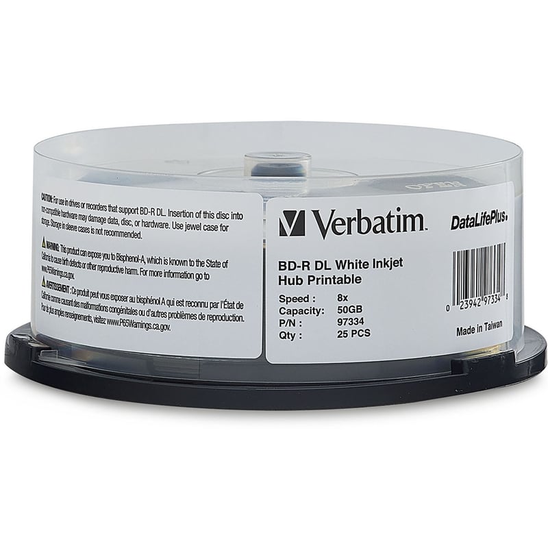 Verbatim BD-R DL 50GB 8X, White Label, DataLife+, White InkJet Hub Printable, 25PK Spindle - Thumbnail 1