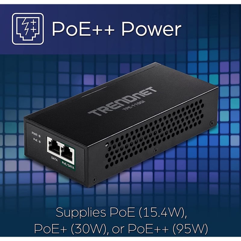 TRENDnet Gigabit PoE++ Injector, Convert A Non-PoE Port to A PoE++ Gigabit Port, PoE (15.4W), PoE+ (30W), Or PoE++ (95W), Up to 100m (328 ft), Integrated Power Supply, Black, TPE-119GI - Thumbnail 3