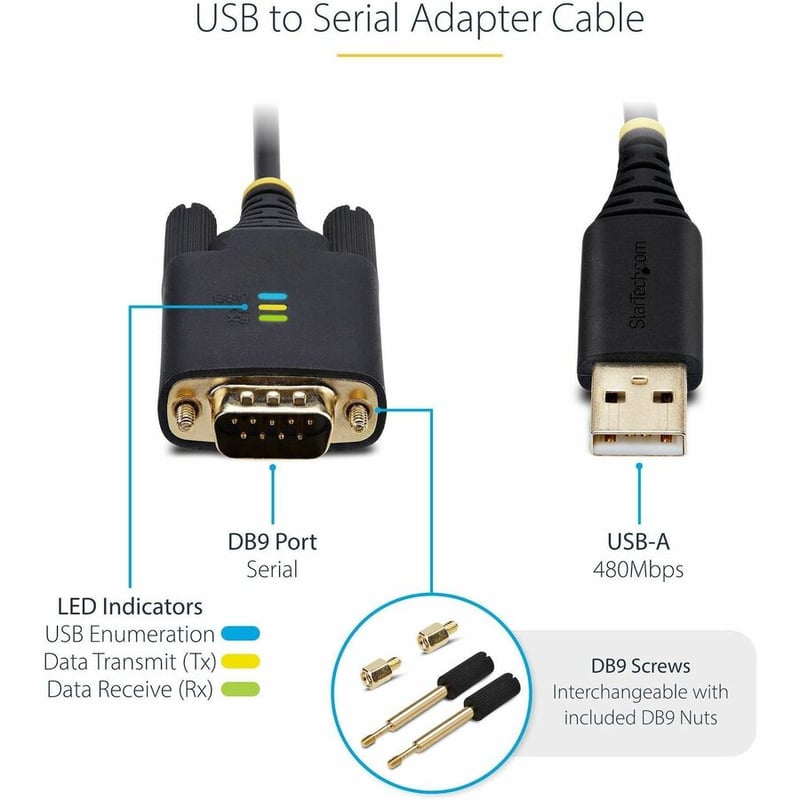StarTech.com 10ft (3m) USB to Serial Adapter Cable, COM Retention, FTDI, DB9 RS232, Interchangeable DB9 Screws/Nuts, Windows/macOS/Linux - Thumbnail 4