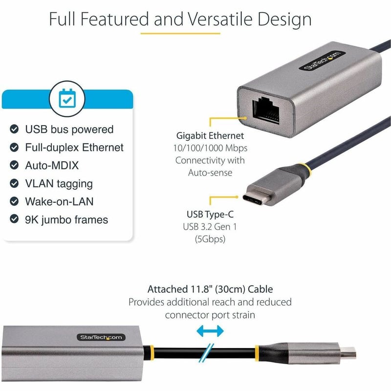 StarTech.com USB-C to Ethernet Adapter, 10/100/1000 Mbps, Gigabit Network Adapter, ASIX AX88179A, 1ft/30cm Cable, Windows/macOS/Linux - Thumbnail 3