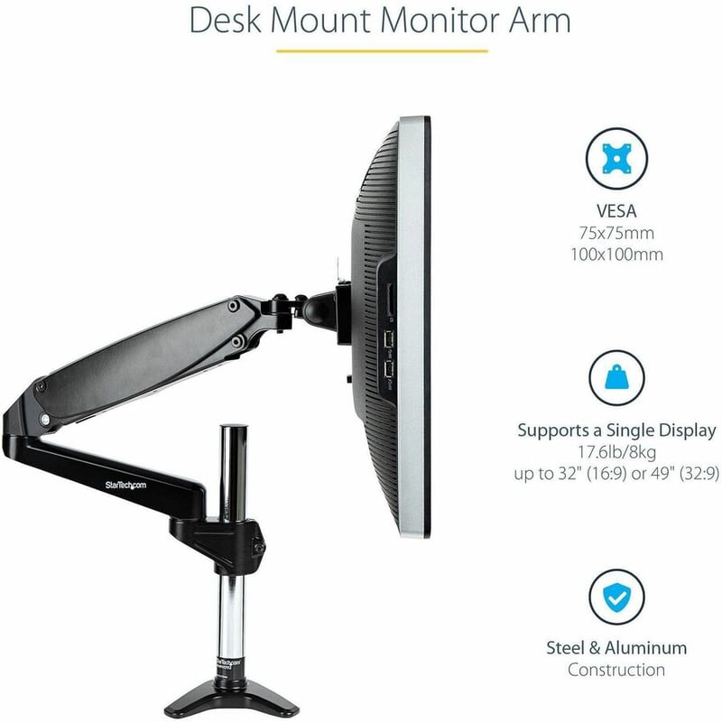 StarTech.com Desk Mount Monitor Arm for Single VESA Display 49"(17.6lb/8kg), Full Motion Articulating & Height Adjustable, C-Clamp/Grommet - Thumbnail 2