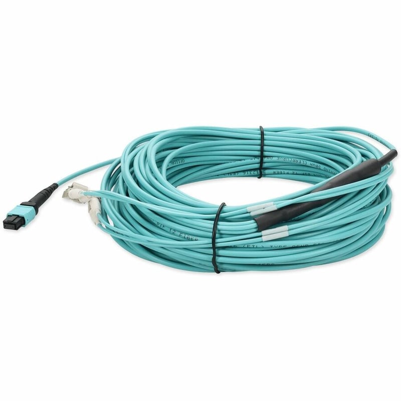 AddOn 20m MPO/UPC to 2xLC Duplex (4xLC)/UPC Aqua OM4 OFNR (Riser-Rated) 4-Strand Fiber Fanout Cable - Thumbnail 2