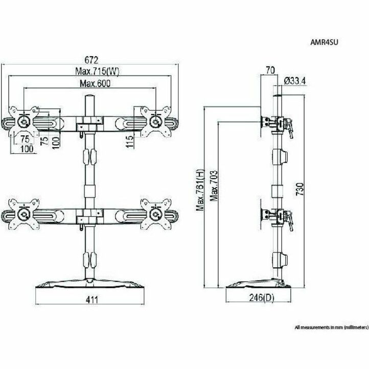 Amer Mounts Quad Monitor Stand Mount (2 over 2) Supports Flat Panel Sizes 15" to 24" AMR4SU - Thumbnail 2