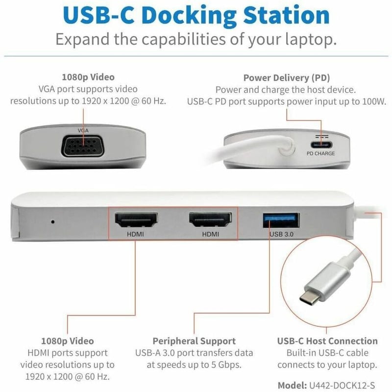 Tripp Lite by Eaton USB C Docking Station w/USB Hub, 2x HDMI, VGA, PD Charging 1080p, USB Type C, USB-C, USB Type-C - Thumbnail 2