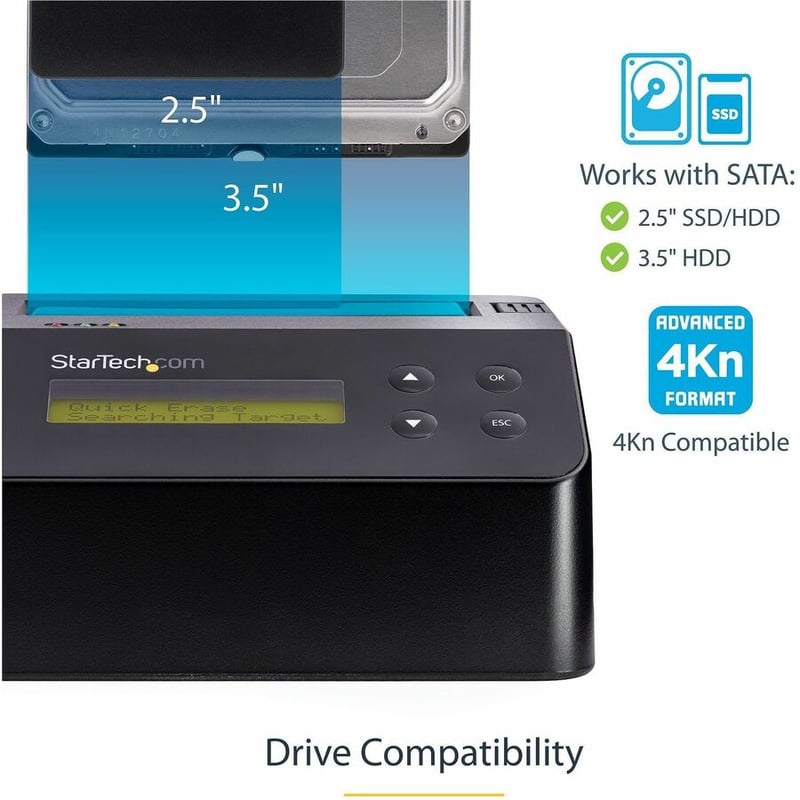 StarTech.com Hard Drive Eraser, Standalone HDD/SSD Sanitizer, 4Kn, Secure Erase Hard Disk Wiper Dock, Hardware Erasing Tool, TAA Compliant - Thumbnail 3