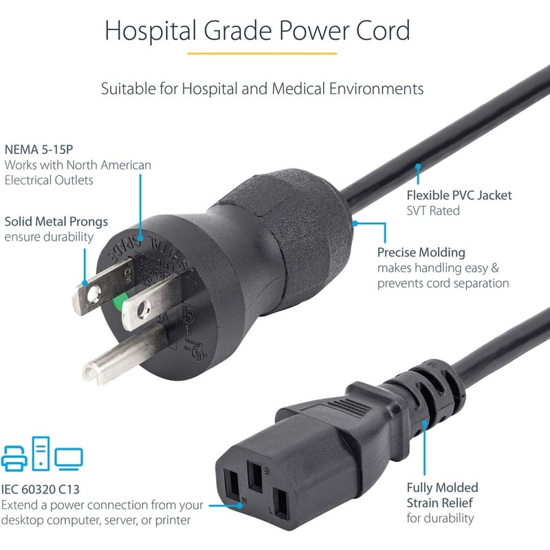 StarTech.com 3ft (1m) Hospital Grade Power Cord, 18AWG, NEMA 5-15P to C13, 10A 125V, Green Dot Medical Power Cable, Monitor Power Cable