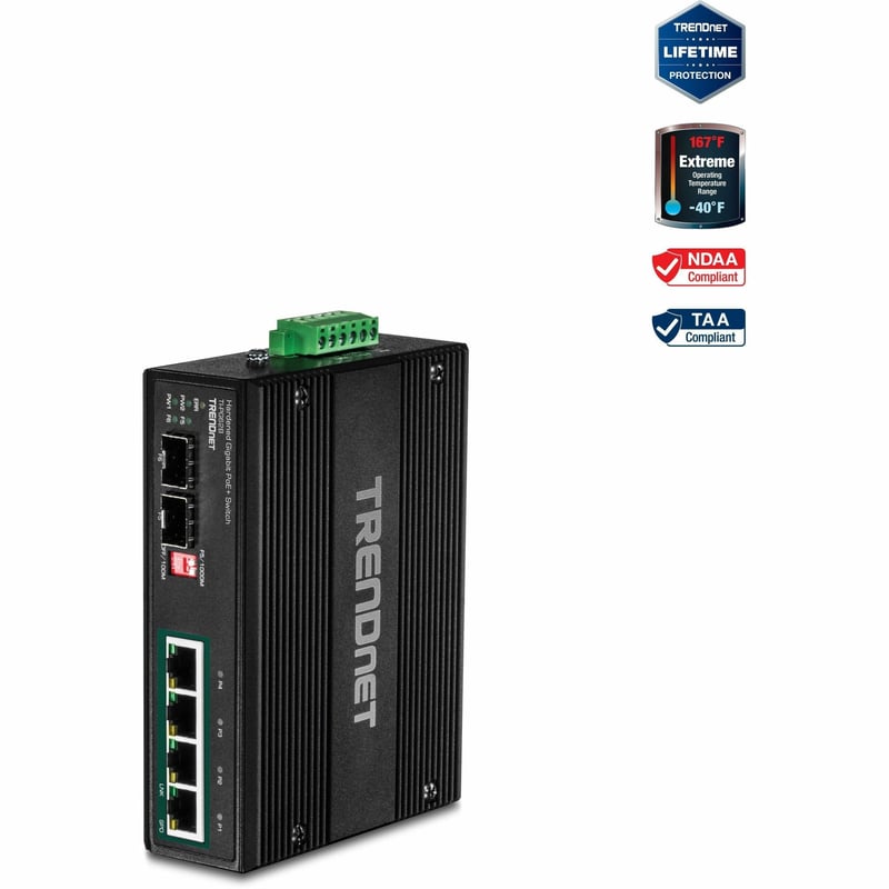 TRENDnet 6-Port Hardened Industrial Unmanaged Gigabit 10/100/1000Mbps DIN-Rail Switch, 4 x Gigabit PoE+ Ports, 2 x Dedicated SFP Slots, Lifetime Protection, Black, TI-PG62B - Thumbnail 1