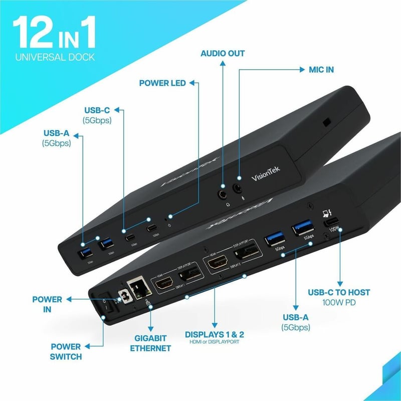 VisionTek VT4510 USB 3.0 & USB-C Dual Display 4K 100W Power Delivery Docking Station