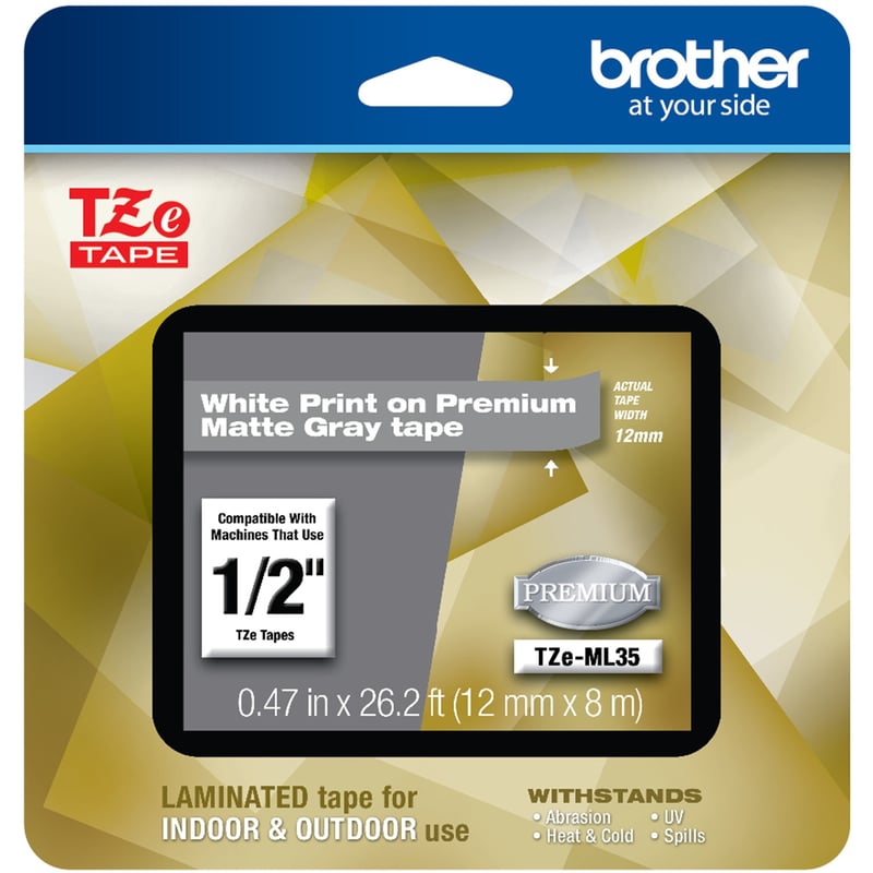 Brother P-touch TZe-ML35 White Print on Premium Matte Gray Laminated Tape 12mm (0.47") wide x 8m (26.2') long - Thumbnail 1