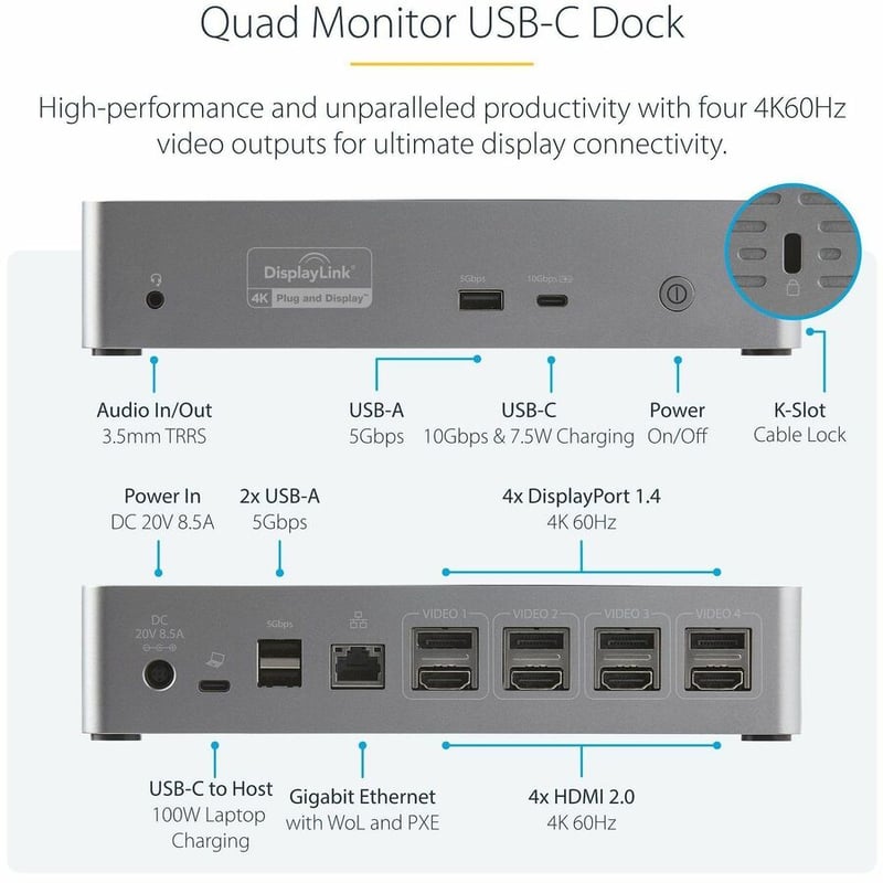 StarTech.com USB-C Dock, 4K 60Hz Quad Monitor DisplayPort & HDMI, Universal USB C Docking Station, 100W Power Delivery, USB Hub 1C/3A, GbE - Thumbnail 3