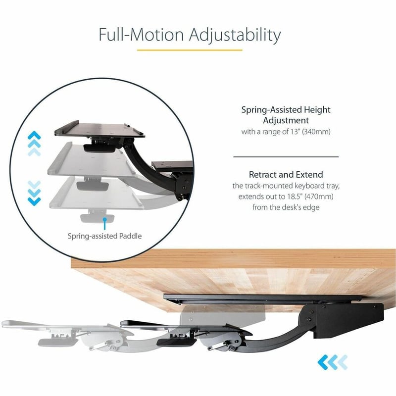 StarTech.com Under Desk Keyboard Tray, Height Adjustable Keyboard and Mouse Tray (10" x 26"), Ergonomic Computer Keyboard Tray w/Mouse Pad - Thumbnail 3