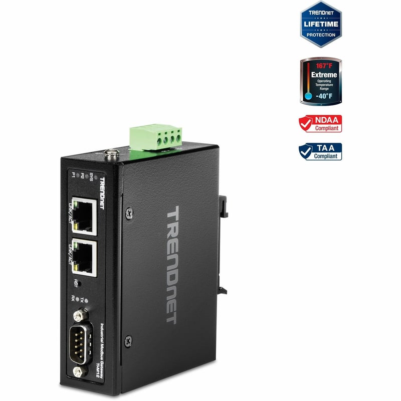 TRENDnet 1-Port Fast Ethernet Industrial Modbus Gateway, 1 x Serial DB-9 Port, 2 x Fast Ethernet Ports, Up to 100m (328 ft), IP30 Rated Housing, Extreme Temperature Protection, Black, TI-M12 - Thumbnail 1