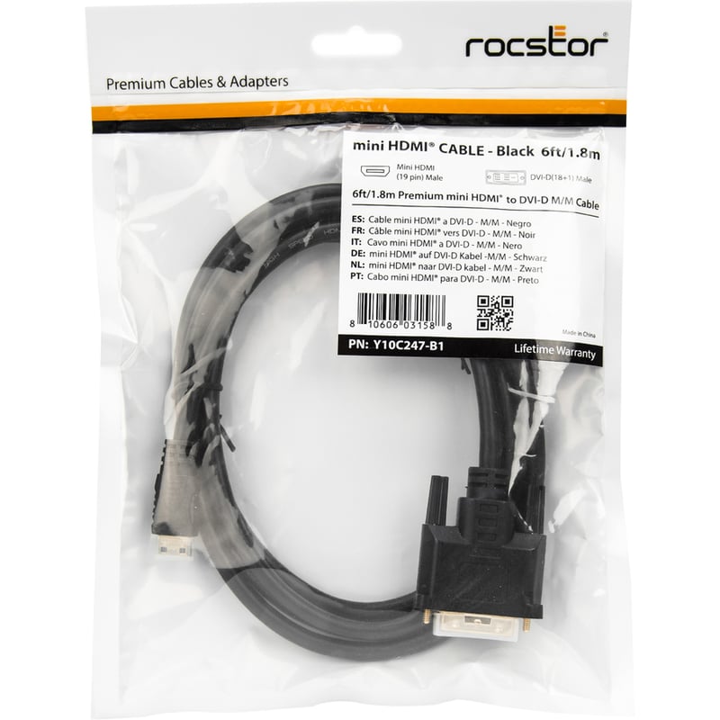 Rocstor Premium 6ft Mini HDMI to DVI-D Cable - M/M - DVI/HDMI for Audio/Video Device, Projector, Notebook, Tablet PC, Camera - 6ft - 1 Pack - 1 x HDMI (Mini Type C) Male Digital Audio/Video - 1 x DVI-D Male Digital Video - Gold Pl - Thumbnail 4