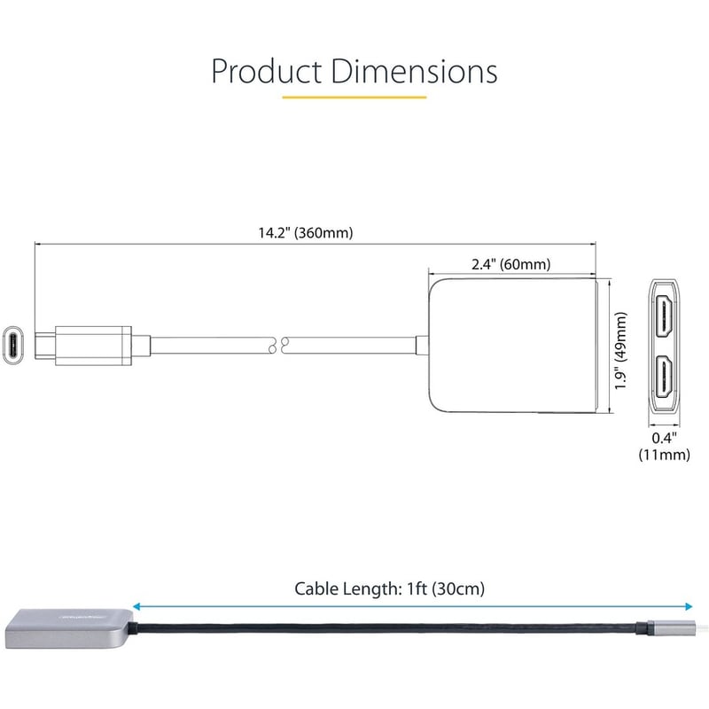 StarTech.com USB-C to Dual HDMI Adapter, USB Type-C Multi-Monitor MST Hub, Dual 4K 60Hz HDMI Laptop Display Extender / Splitter, Windows