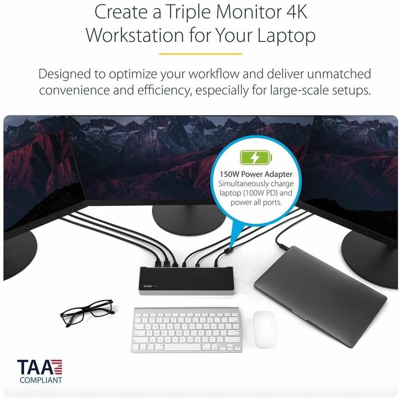 StarTech.com USB-C Dock - 4K Triple Monitor USB Type-C Docking Station with Dual DisplayPort & HDMI - 100W Power Delivery - 5x USB 3.0 Hub - Thumbnail 2