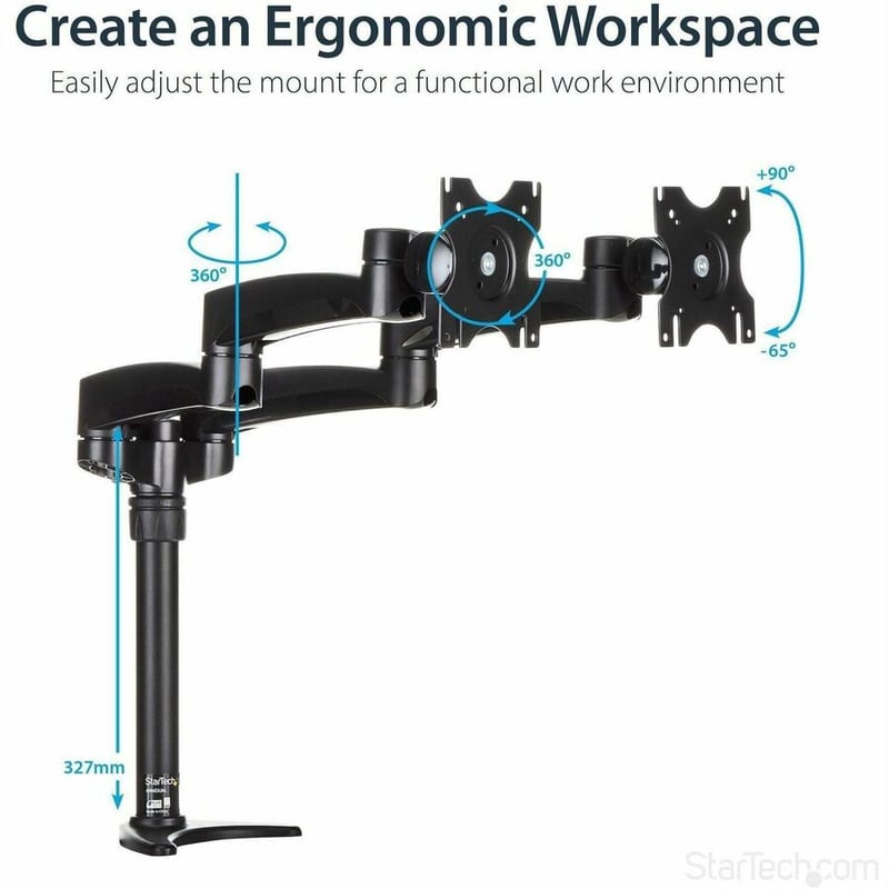 StarTech.com Desk Mount Dual Monitor Arm, Dual Articulating Monitor Arm, Height Adjustable, For VESA Monitors up to 24" (29.9lb/13.6kg) - Thumbnail 5