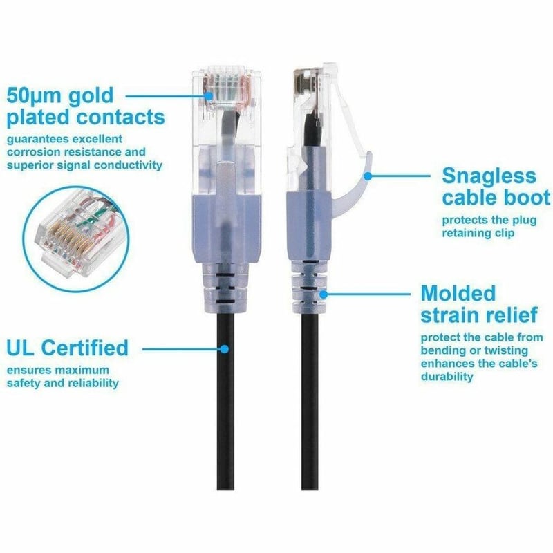 MONOPRICE CAT6A 30FT BLACK 10-PK PATCH CABLE_ UTP_ 30AWG_ 10G_ PURE BARE COPPER_ - Thumbnail 3