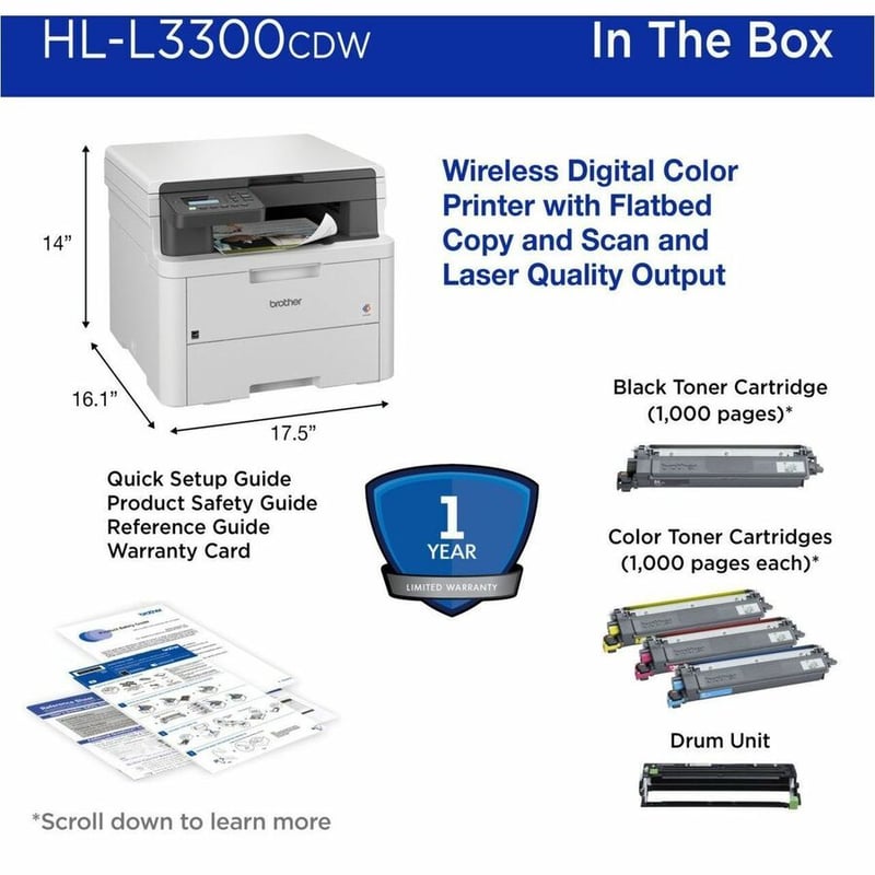 Brother HL-L3300CDW Wireless Digital Color Multi-Function Printer with Laser Quality Output, with Copy & Scan, Duplex and Mobile Printing
